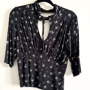 Free People Black Soraya Tie Neck Printed Cutout Blouse Size M